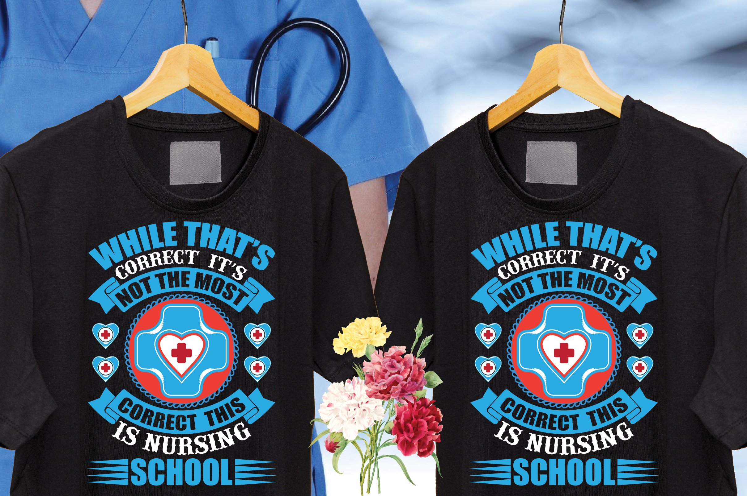 Two colored nurse print on the black t-shirts.