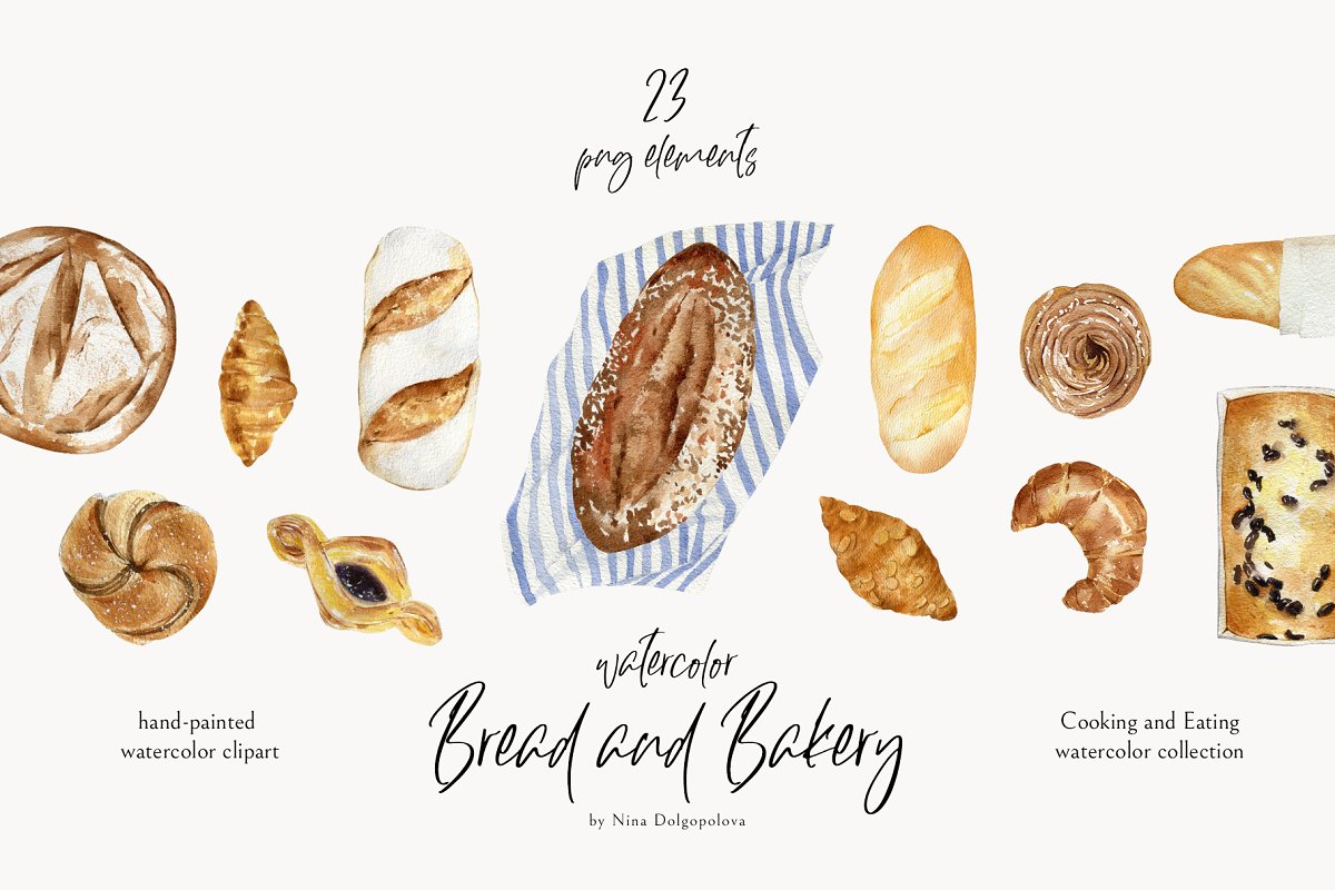 Cover image of Bread and Bakery. Watercolor Food.