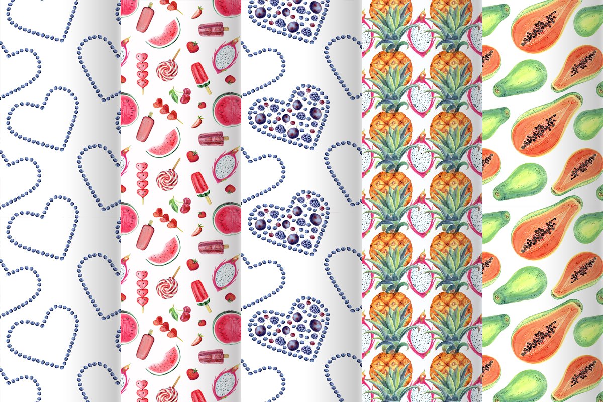 Watercolor Delicious Fruits set included elements, seamless patterns.