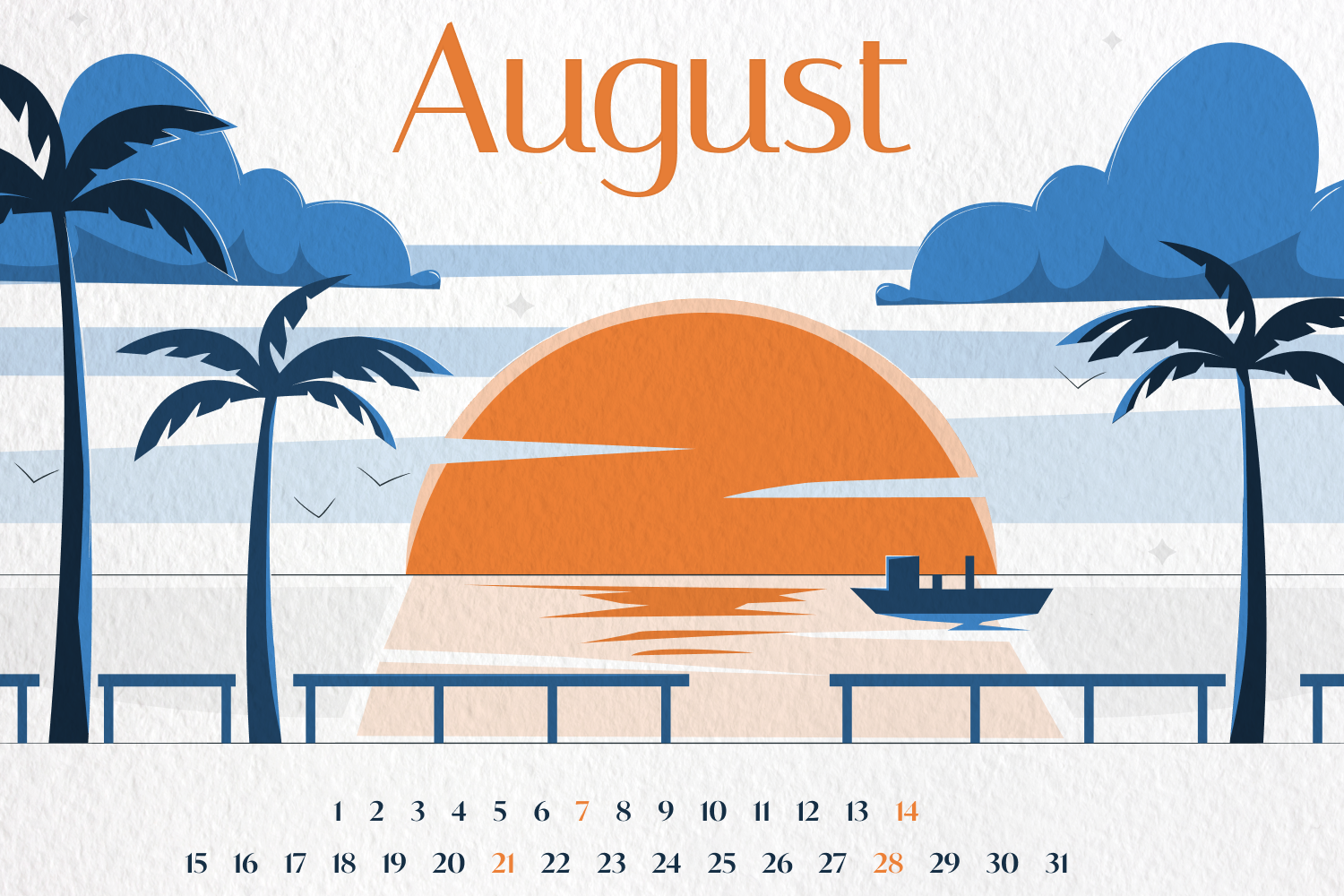 Calendar for August against the backdrop of the sun rising from behind the sea.
