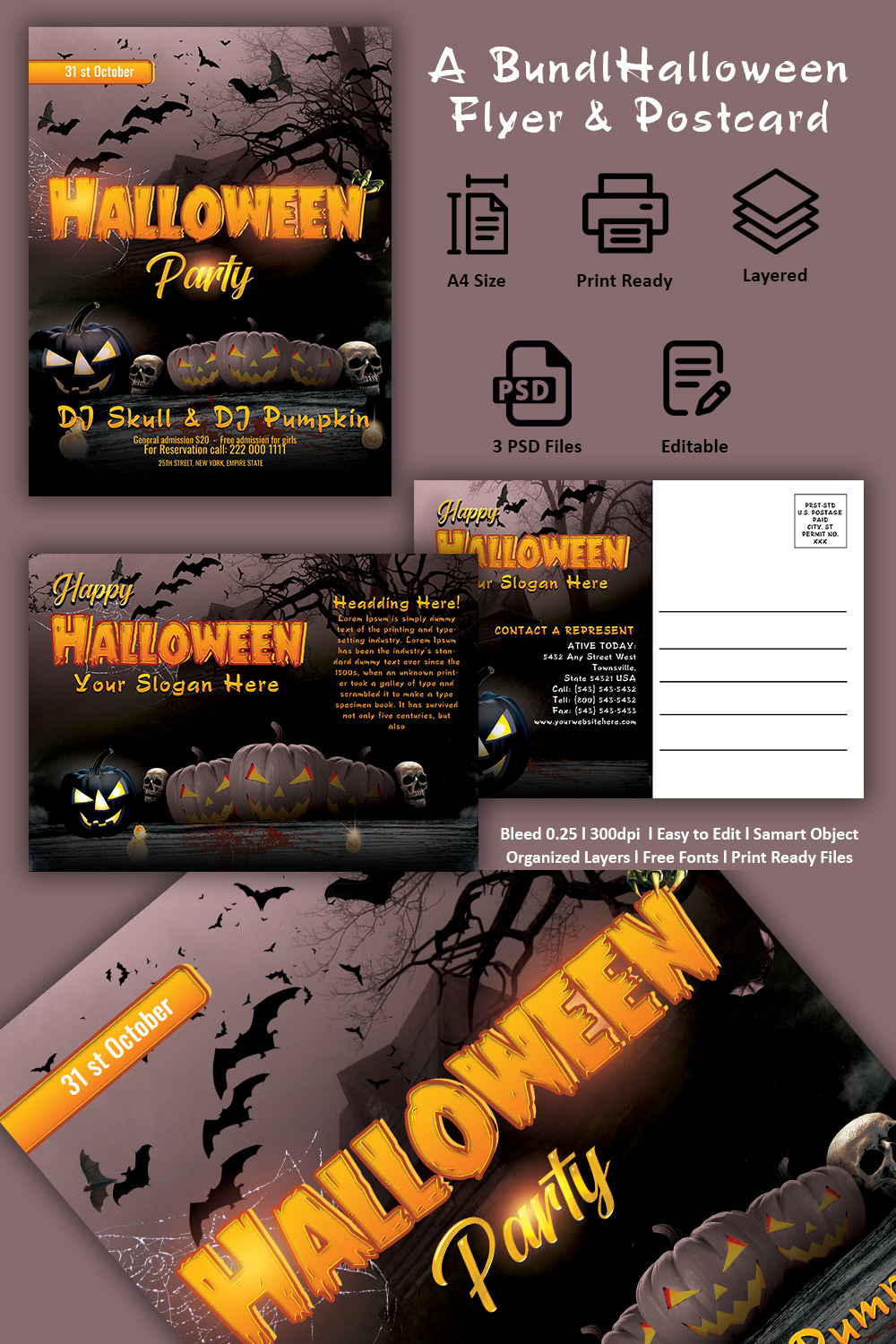 Halloween Party Flyer & Postcard Template Ready to Print