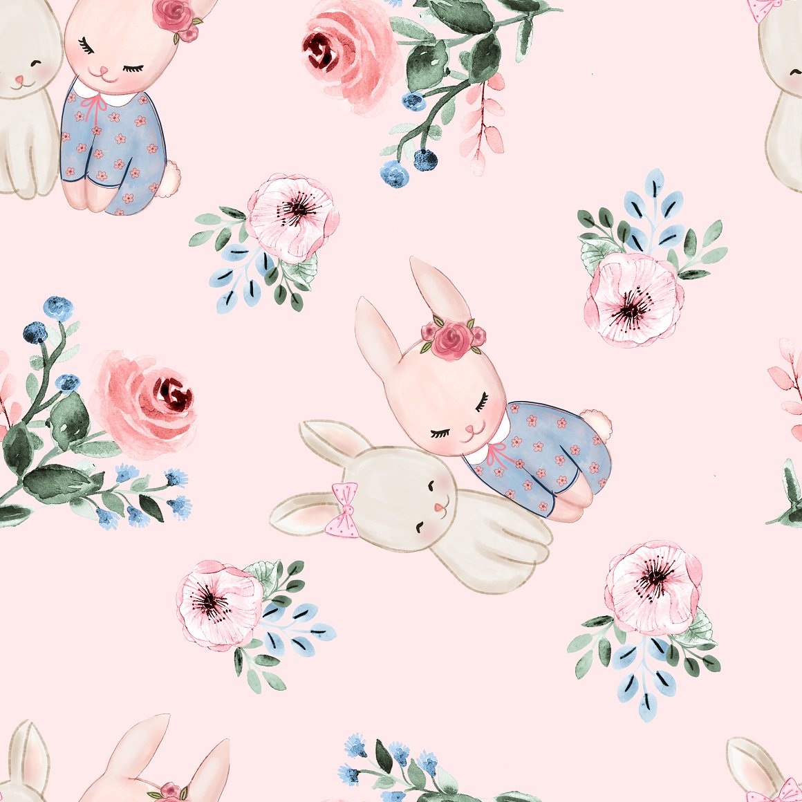 Pink background with rabbits.