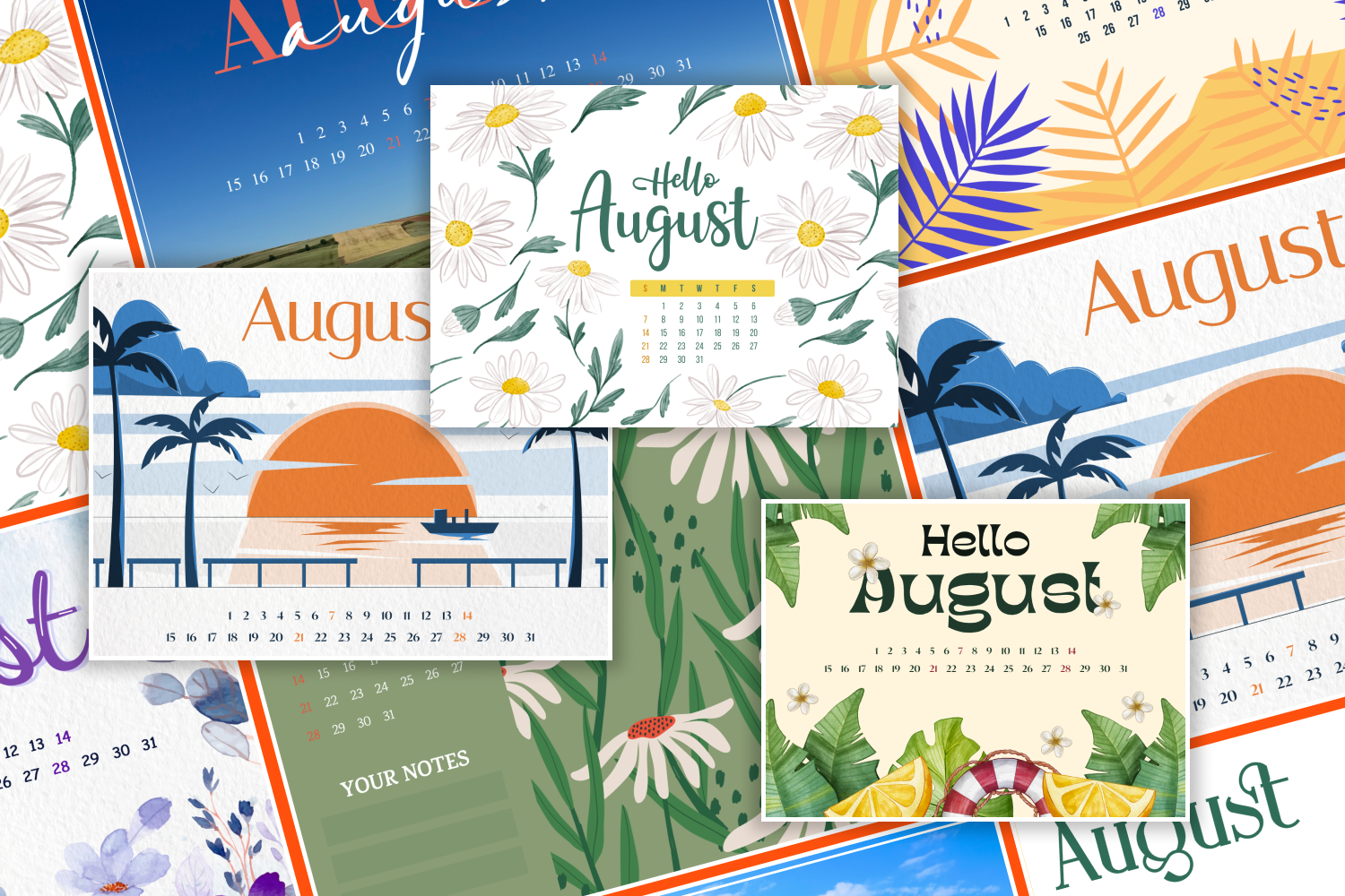Collage of several colorful calendars for August.