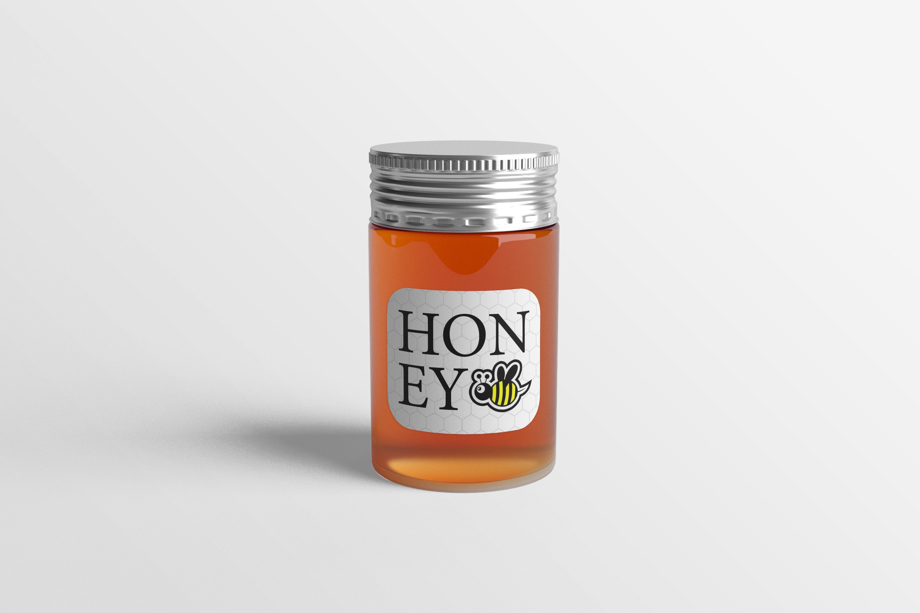 Honey bottle with a white label.