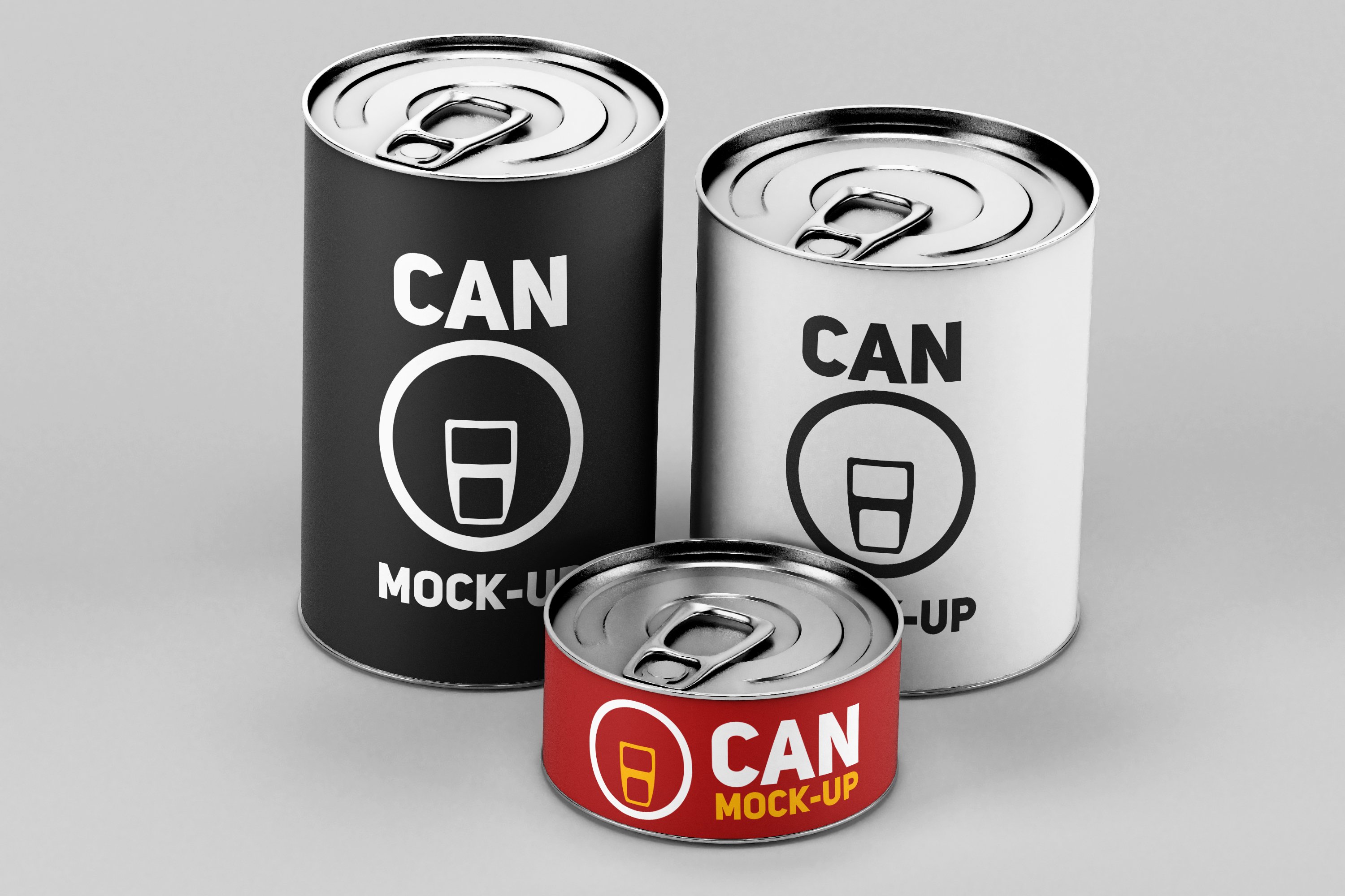 Three cans in different colors and black font.