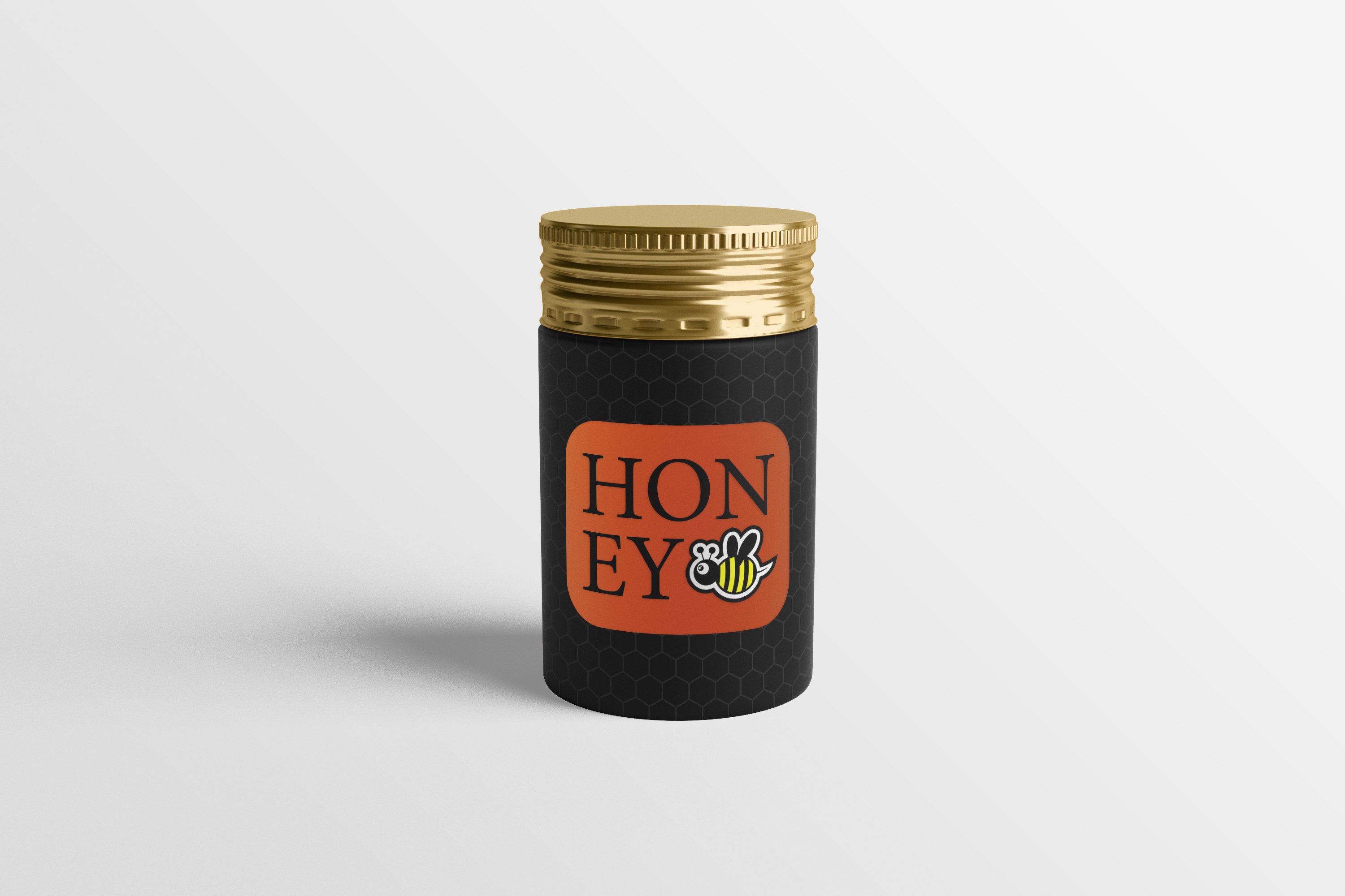 Dark honey bottle with an orange label and some logo.