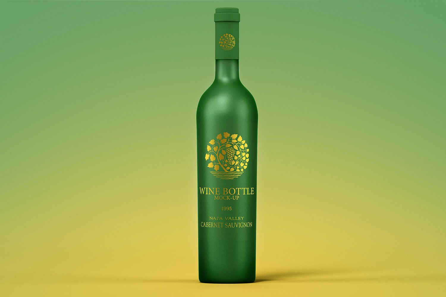 Bright green bottle of wine with gold label.