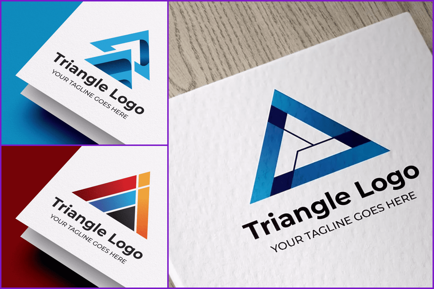 Collage of images of logos in the form of multi-colored triangles.