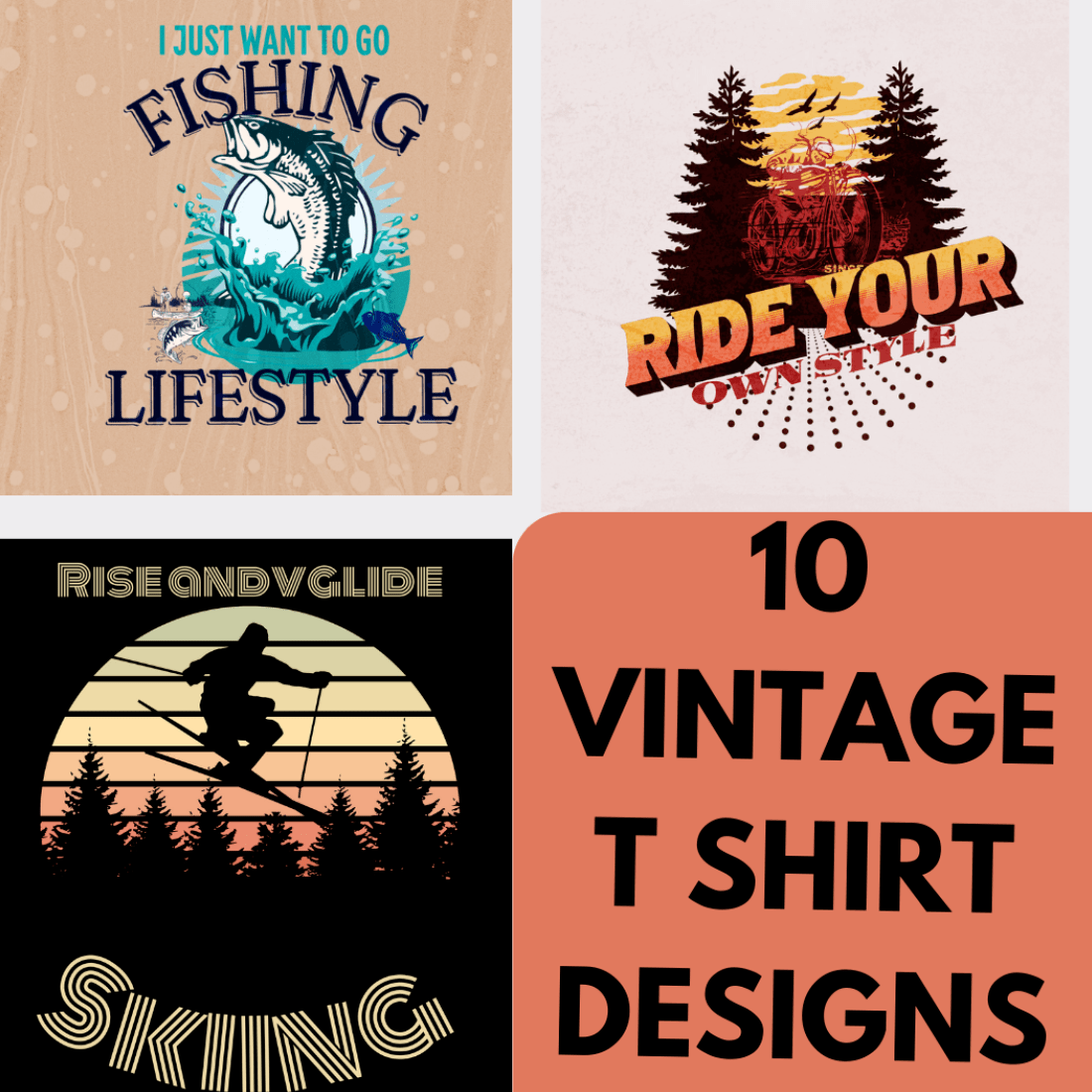 10 Vintage T SHIRT Design Retro Collections PNG SVG previews.
