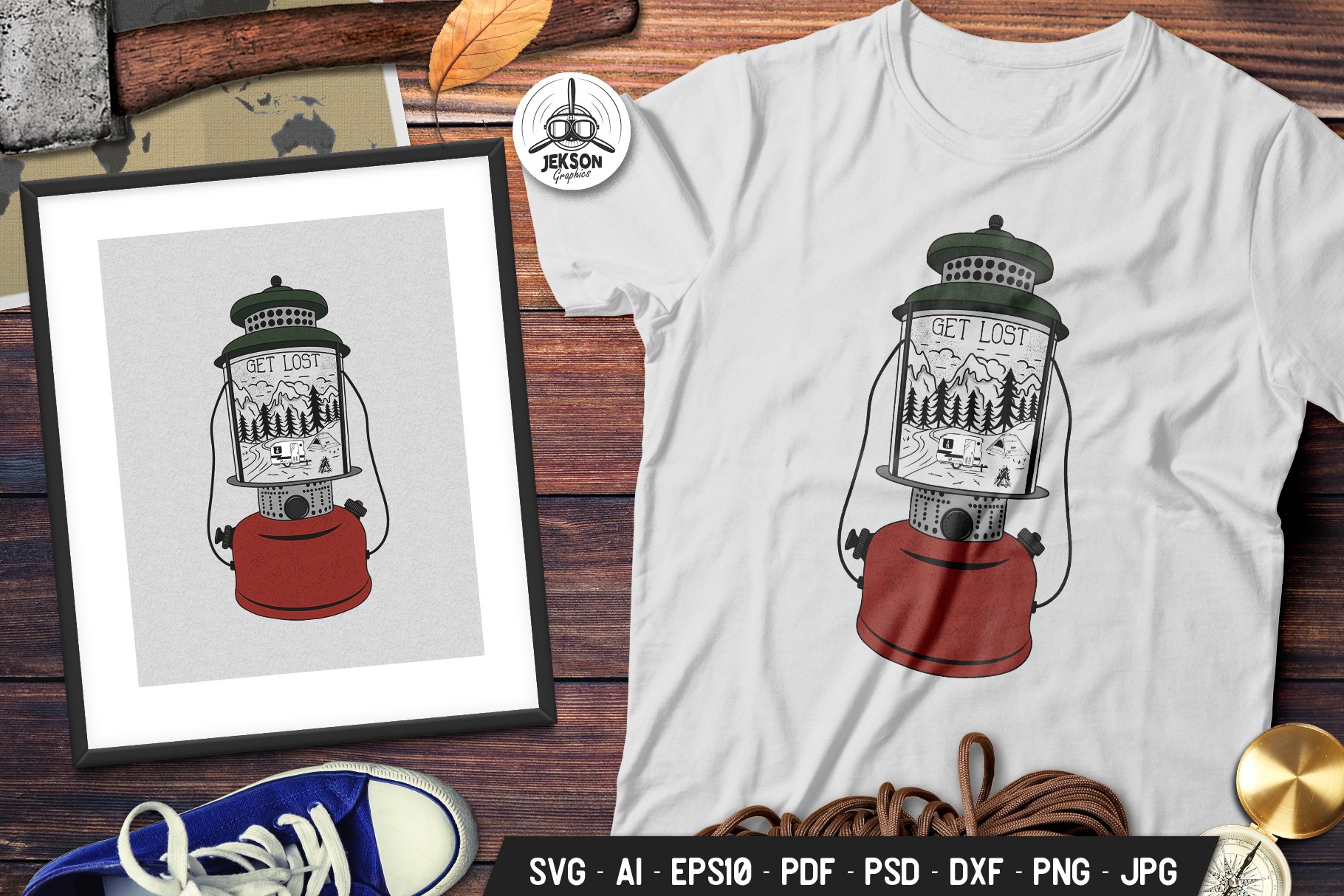 Classic white t-shirt with a lamp illustration.