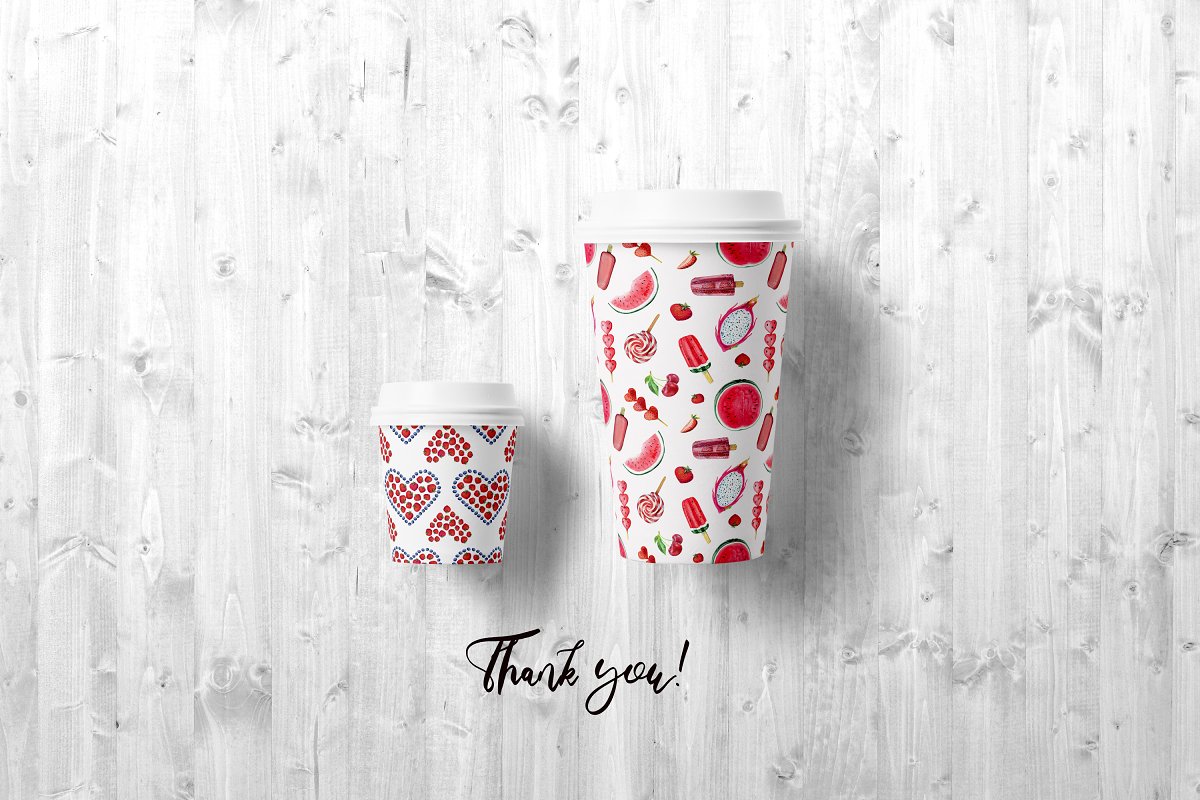 Paper cups with fruit elements.