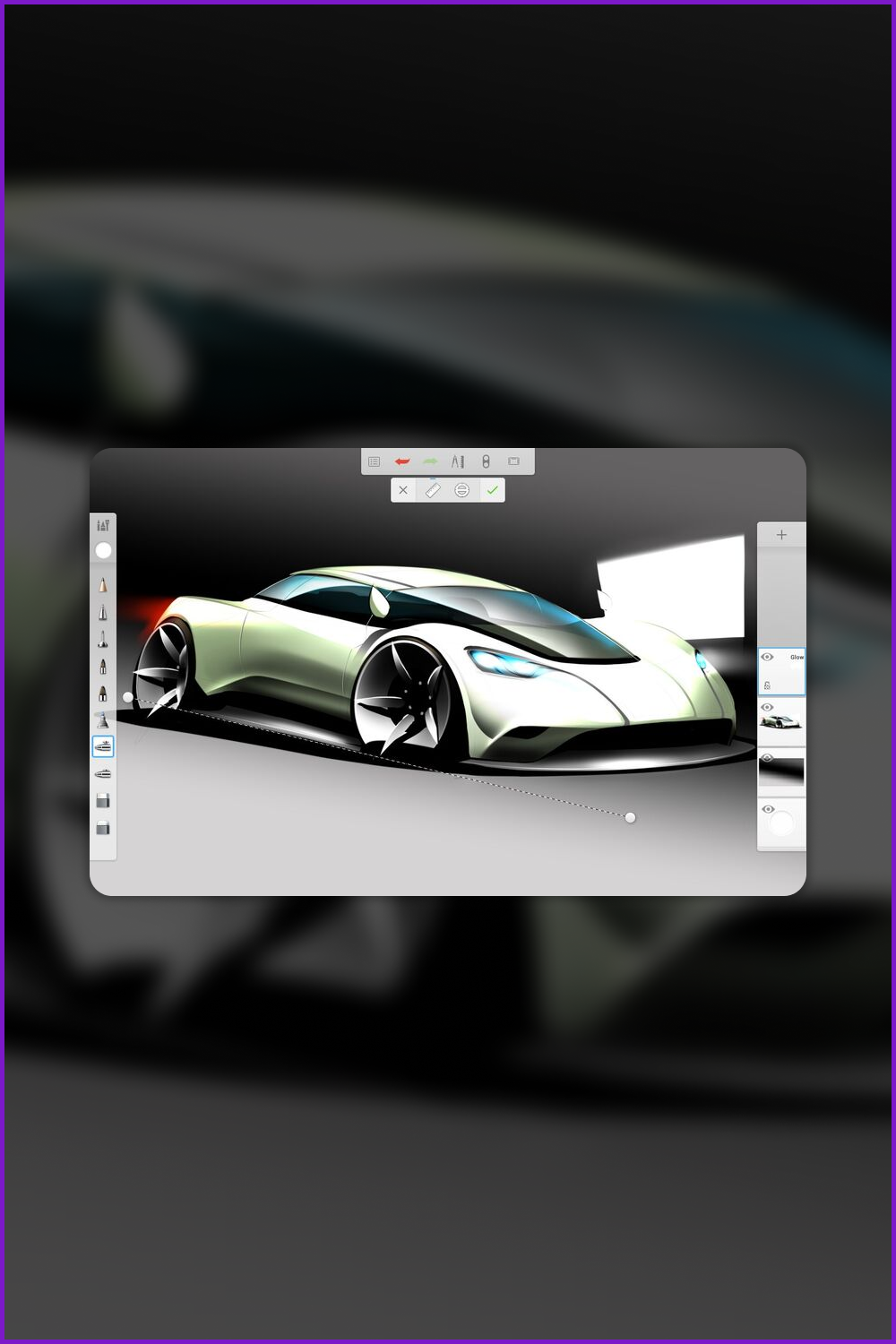Desktop program with a sketch of a supercar.