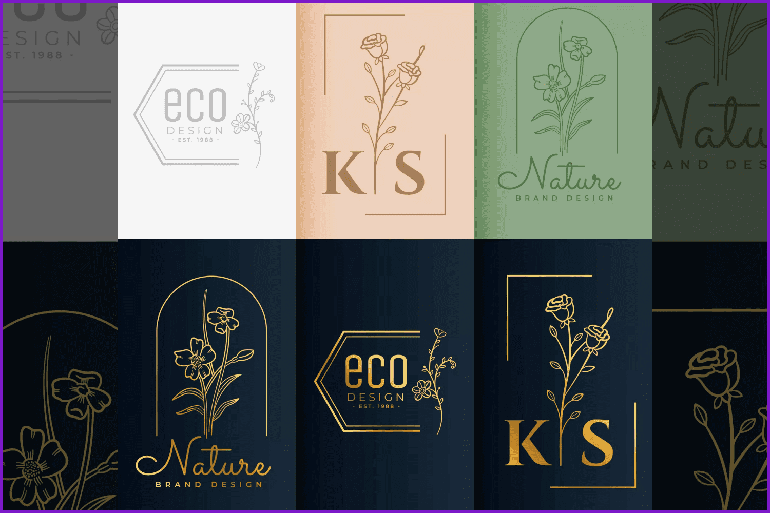Collage of color images of logos in the form of silhouettes of flowers.