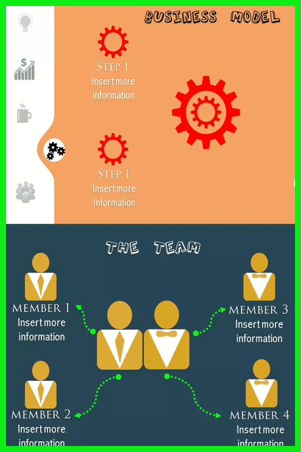 Collage of template pages with orange and blue backgrounds and large icons of people and gears.