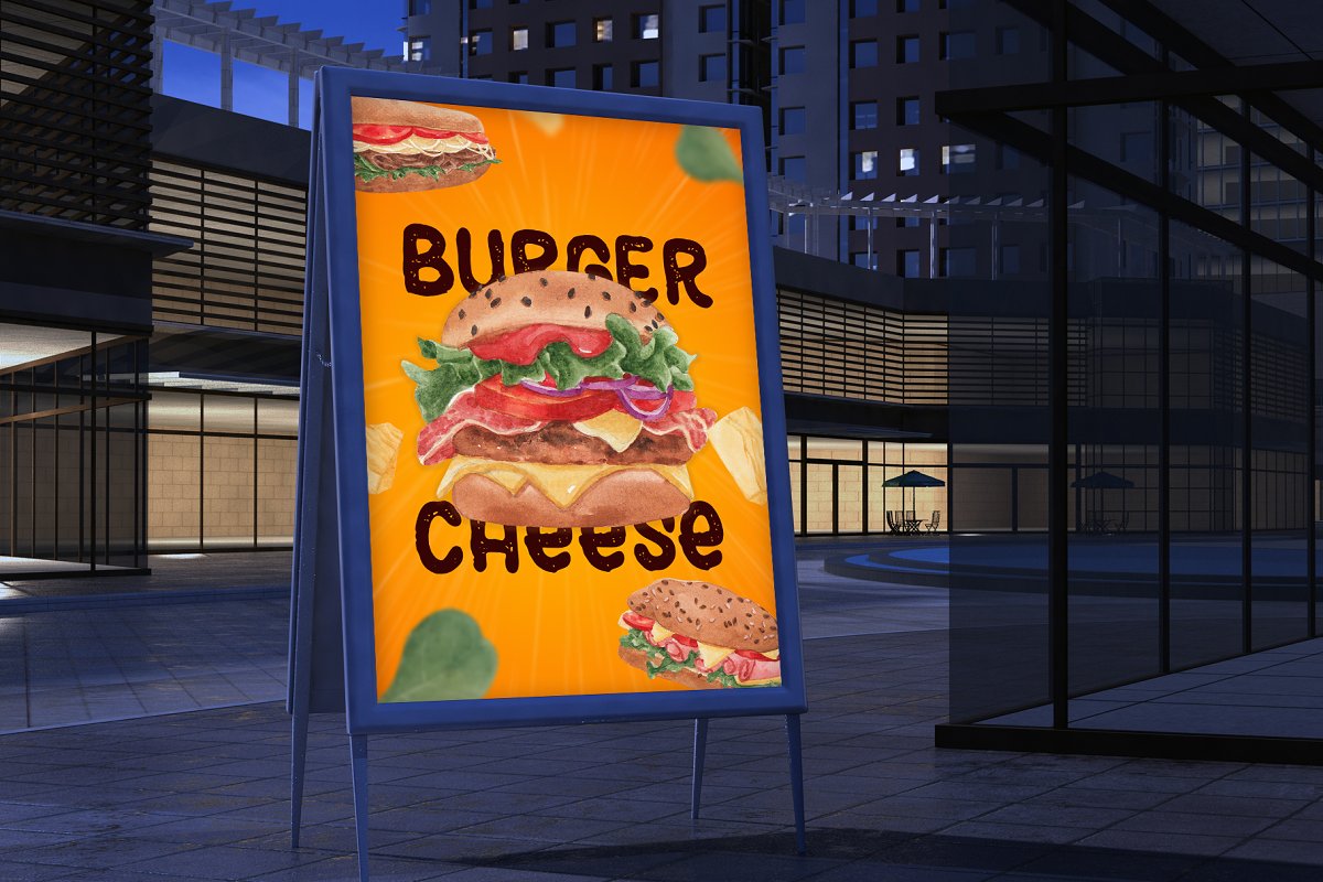 American food mockup with burger cheese illustration.