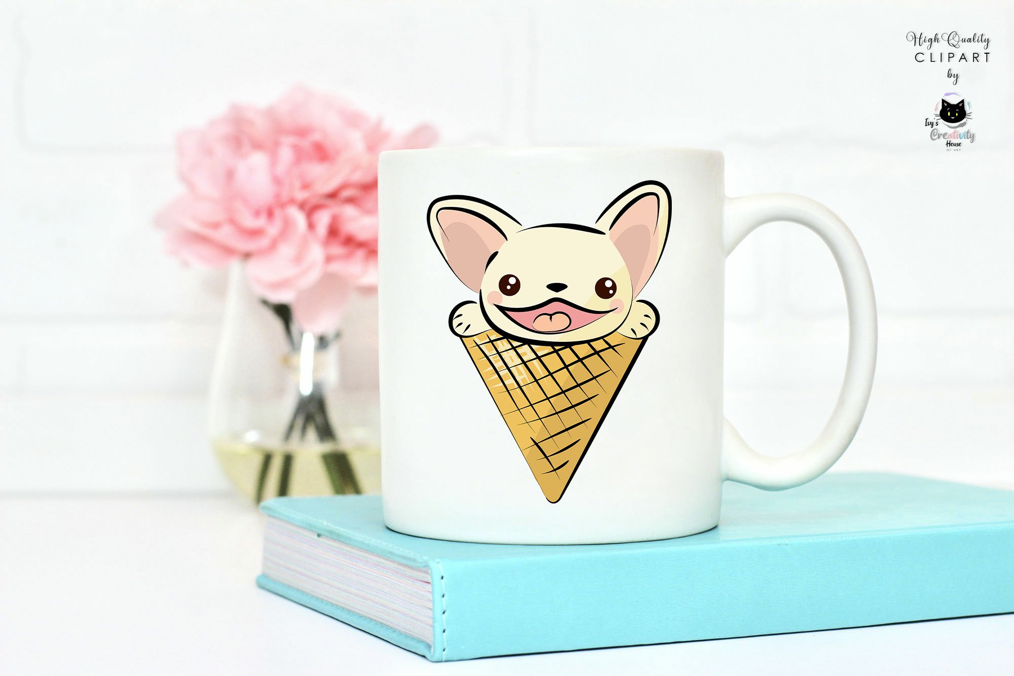 Mug with a picture of a chihuahua eating an ice cream cone.