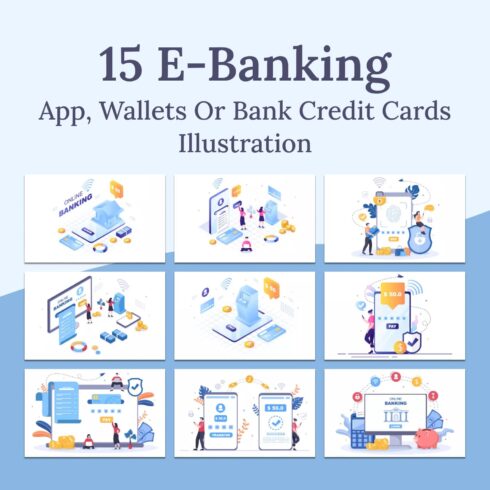 15 E-Banking App, Wallets or Bank Credit Cards Illustration.