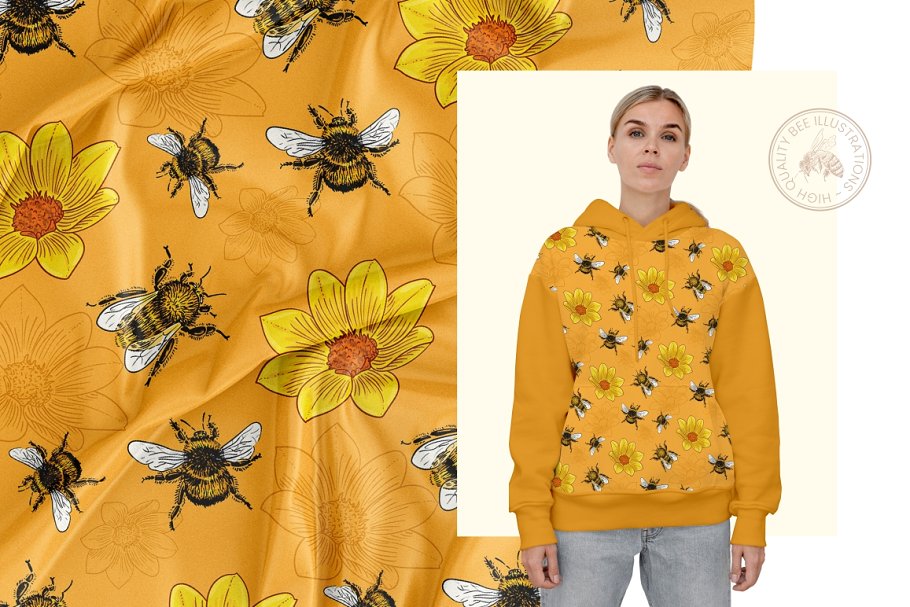 Bee & yellow flower illustration pattern for textile, fabric linen design.