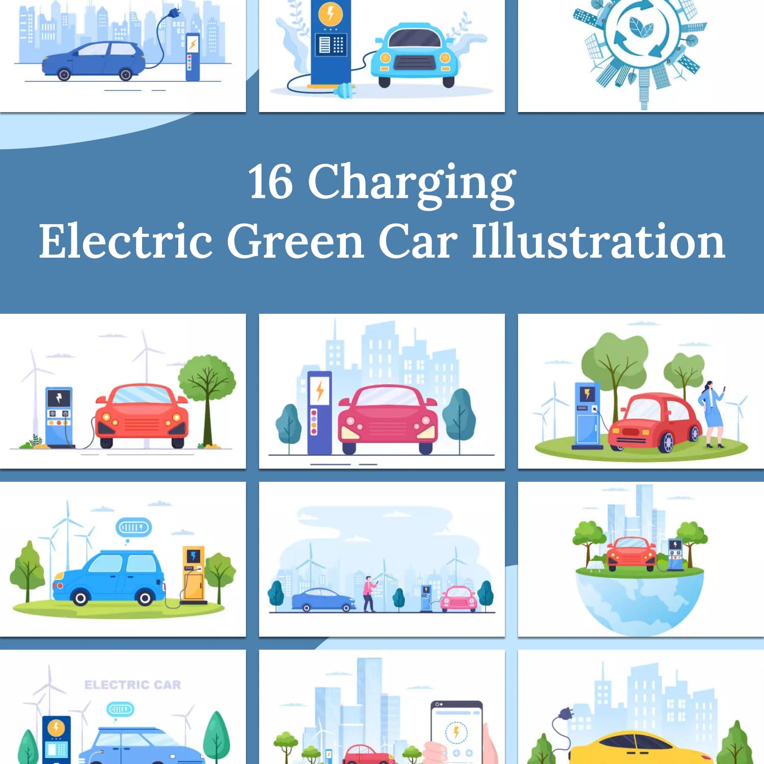16 Charging Electric Green Car illustration.