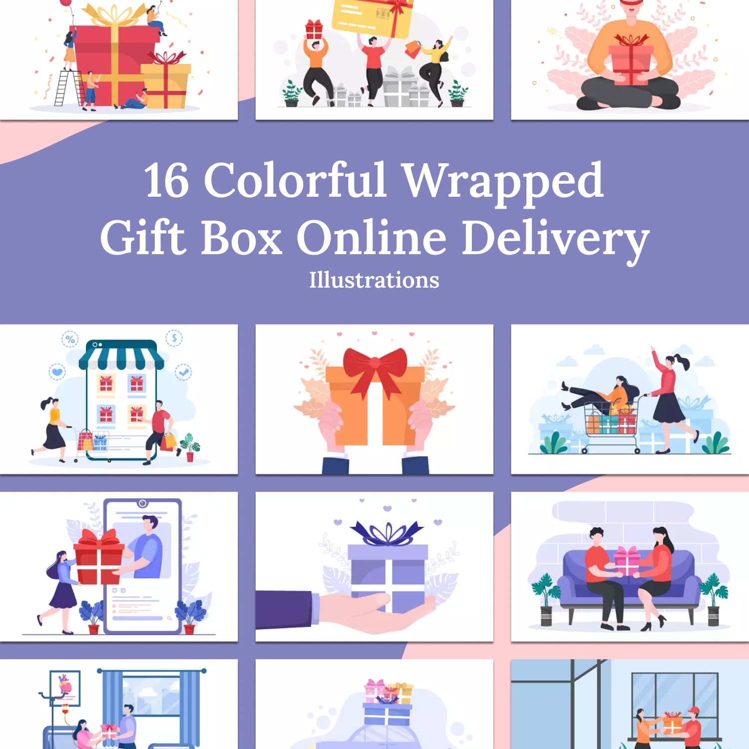 16 Colorful Wrapped Gift Box Online Delivery Illustrations.