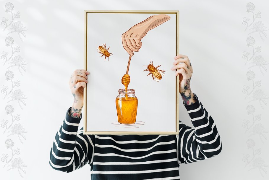 Honey bee honey jar illustration for poster design.