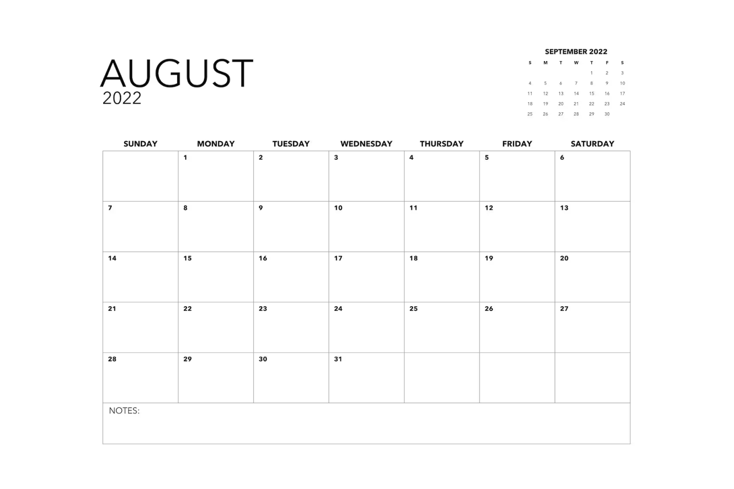 Calendar in the form of a table in black and white design.