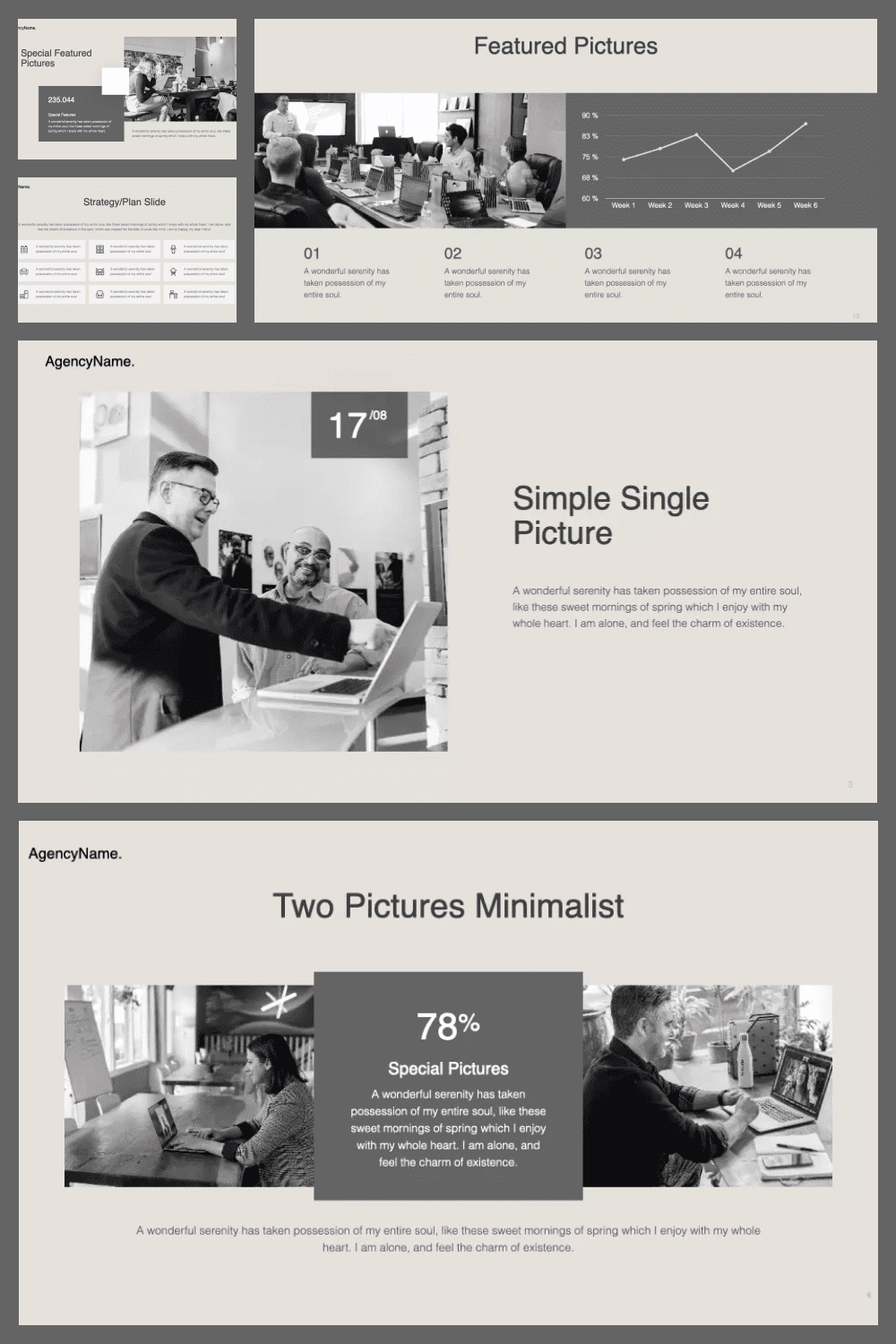 Collage of template pages in monochrome style.