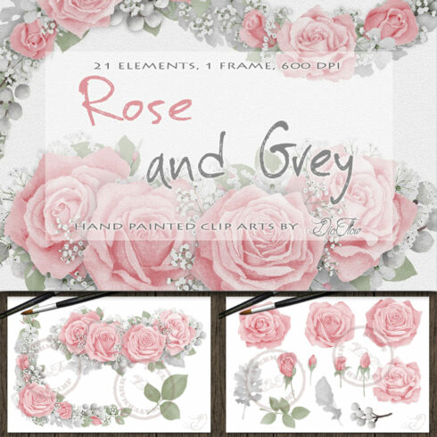 Rose And Grey Watercolor Clip Art.