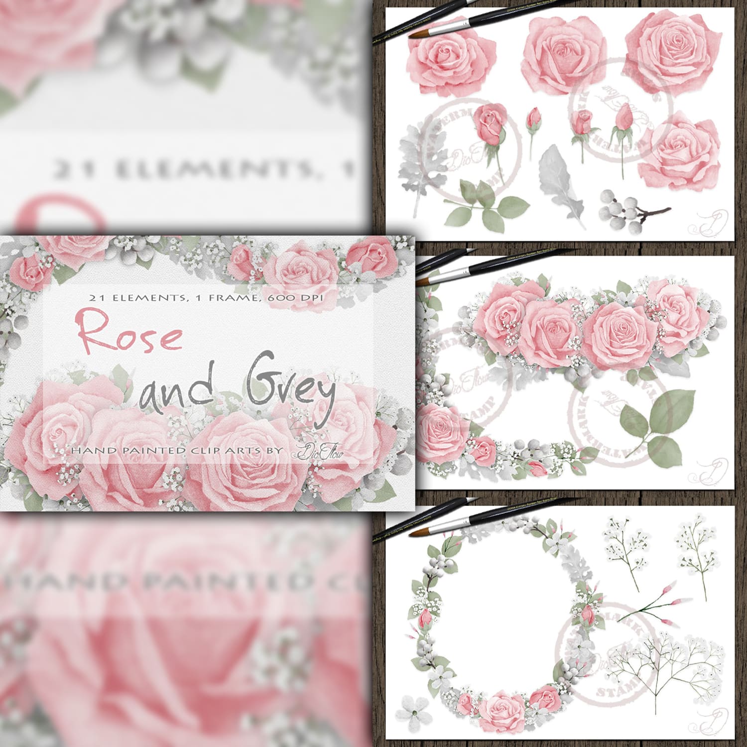 Rose And Grey Watercolor Clip Art cover.