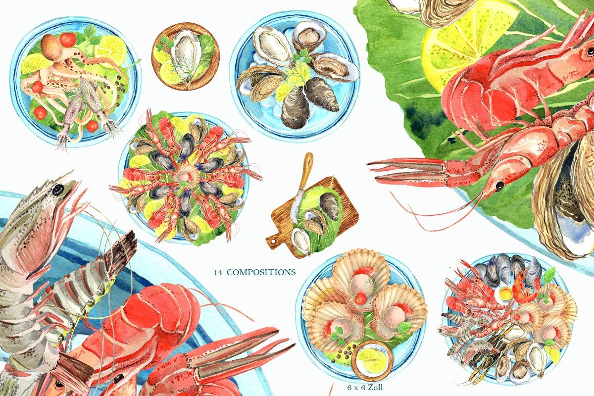Colorful seafood compositions.