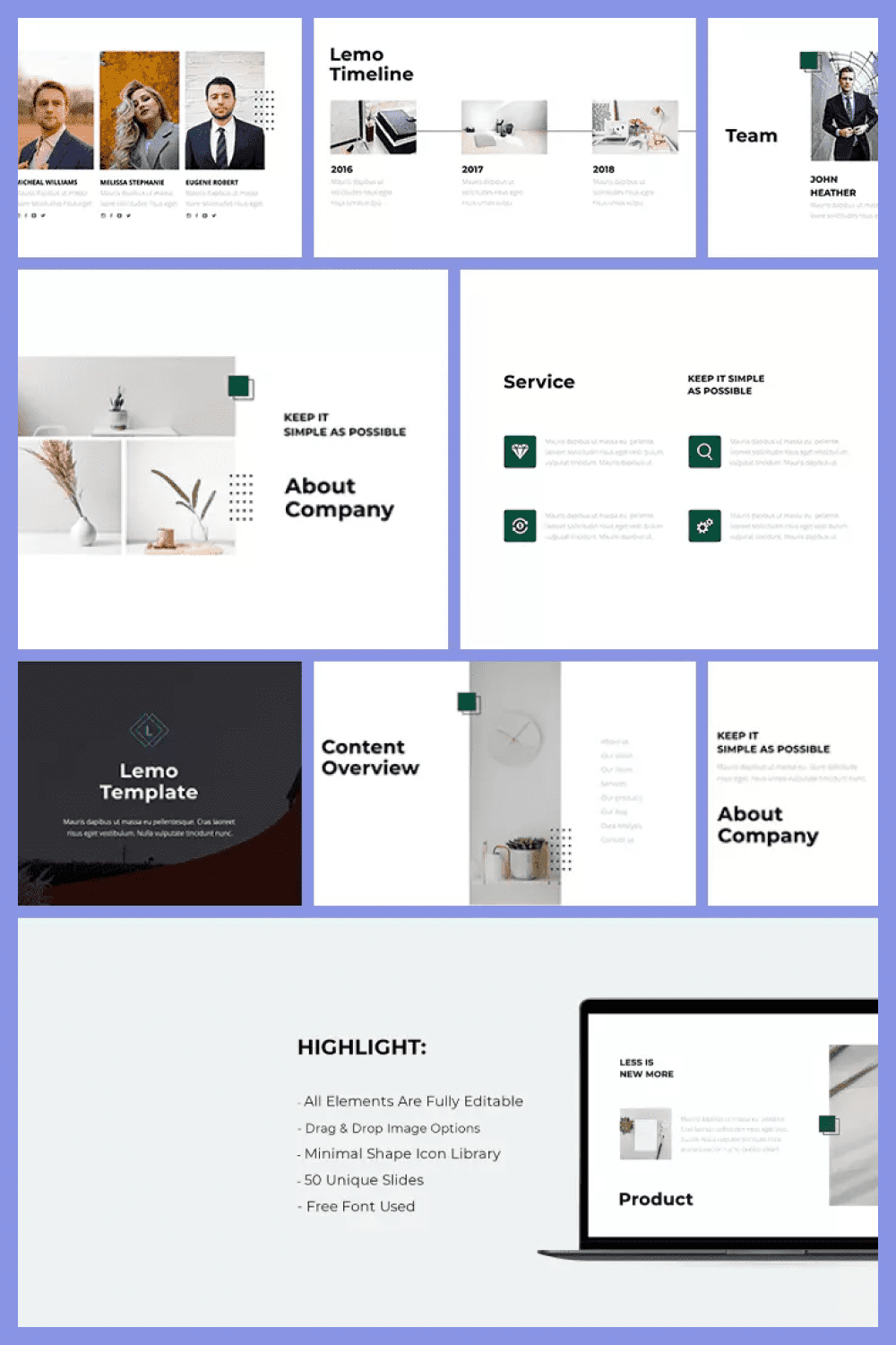 A collage of template pages in a minimalist style with icons and photos.