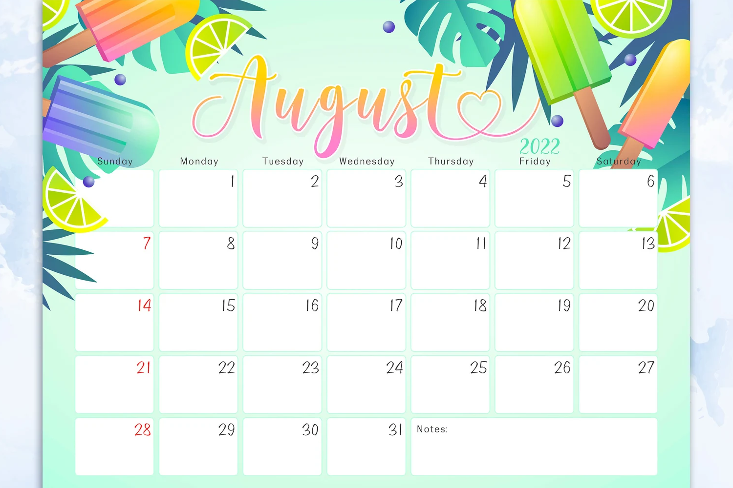 Calendar with painted ice cream and green background.