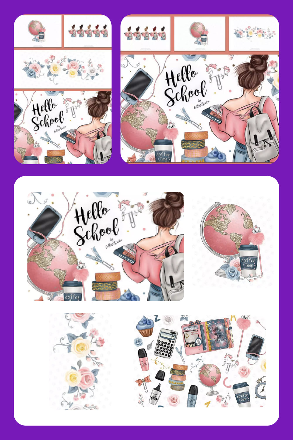 Collage of images of a female student, a globe, a calculator and school supplies.
