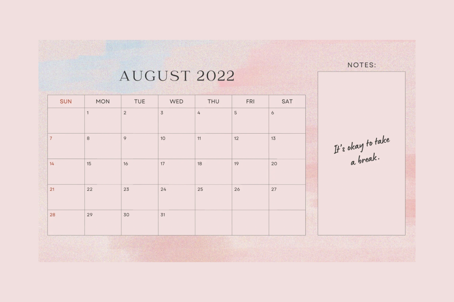 Calendar with space for notes on pink background.