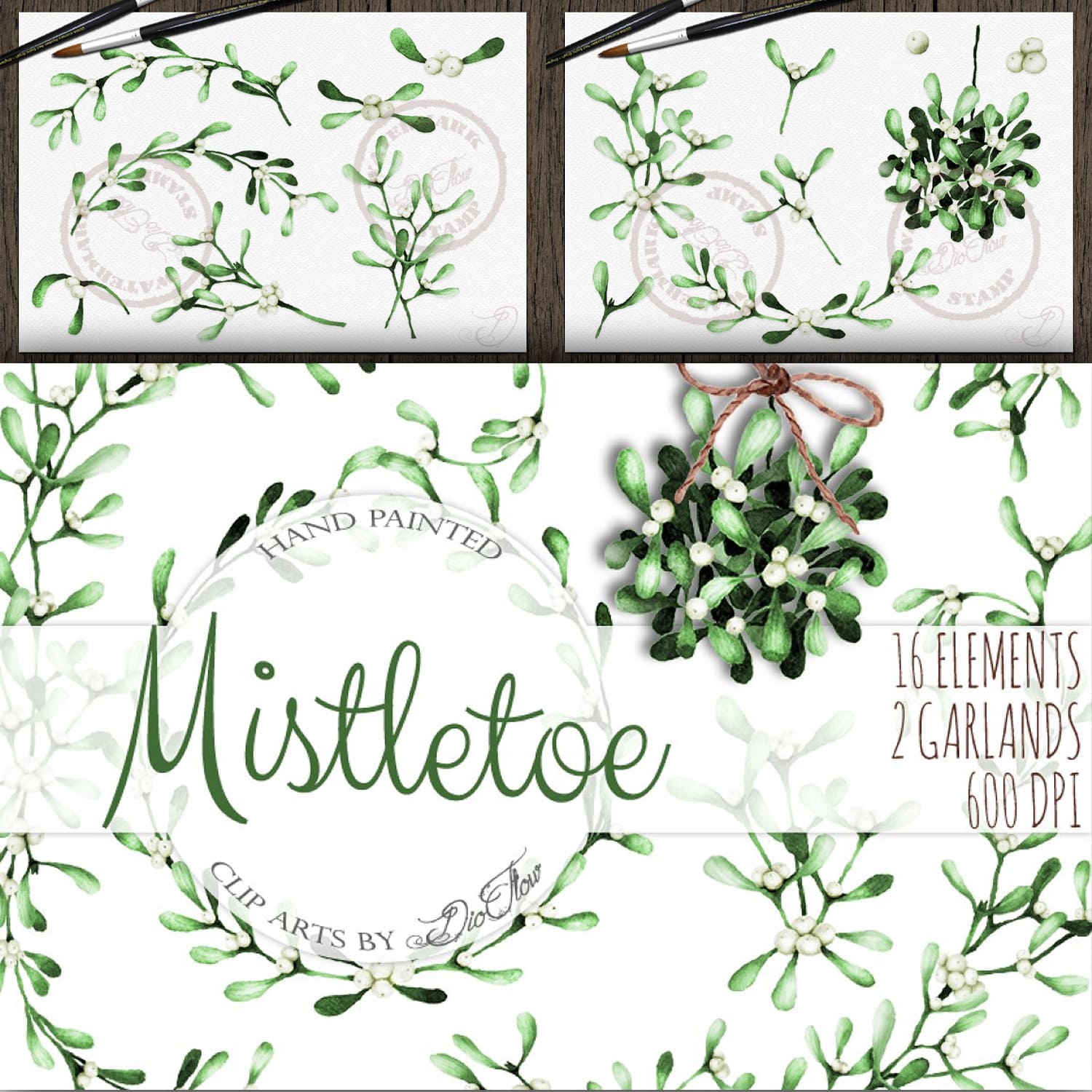 Mistletoe Watercolor Clip Art.