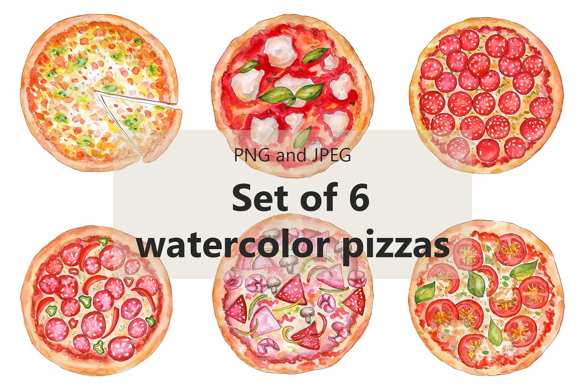 You will get set of 6 watercolor pizzas.