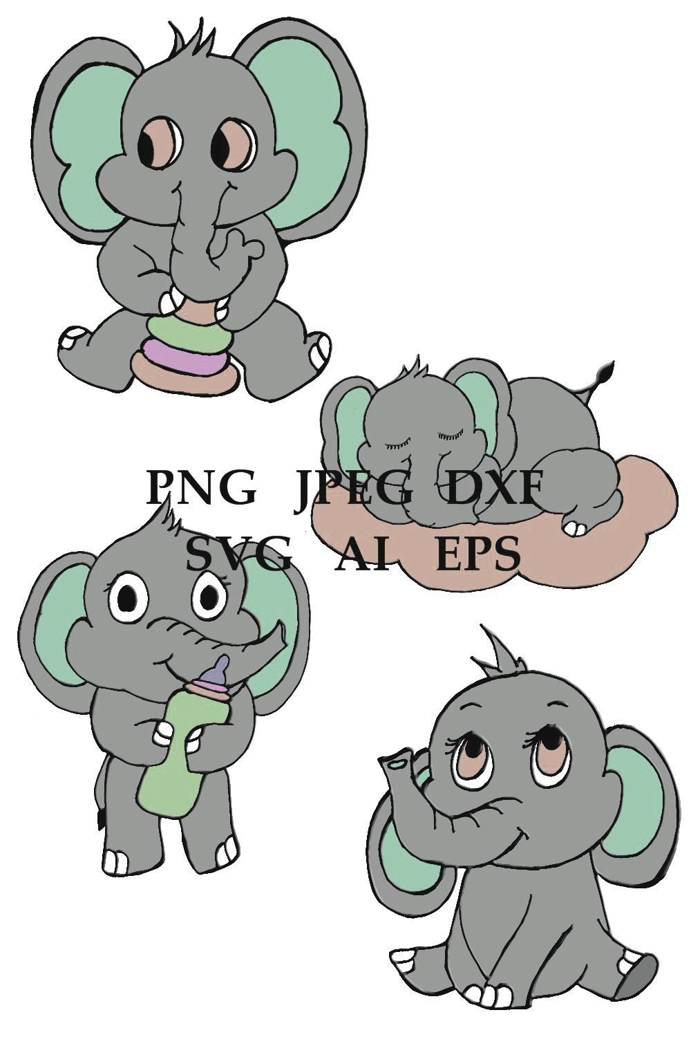 Cute Chalky Elephant SVG Cutout Bundle Of 6 Pinterest Image.