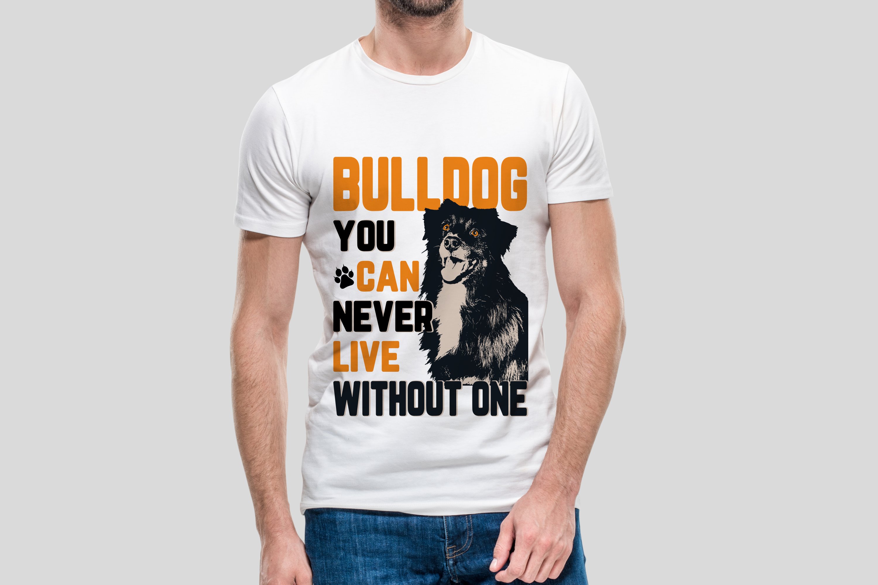 White t-shirt with orange font and happy dog.