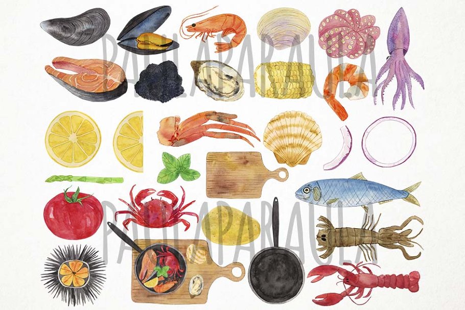 29 hand-painted watercolor Seafood elements.