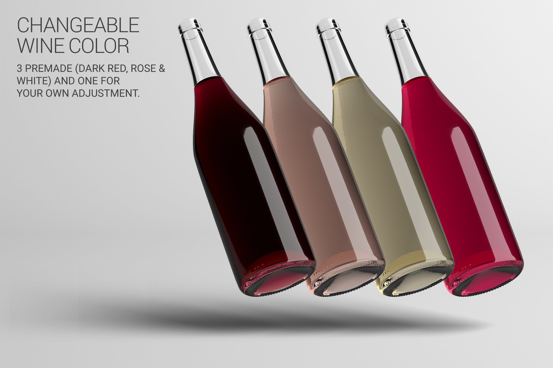 Four bottles in different colors and without labels.