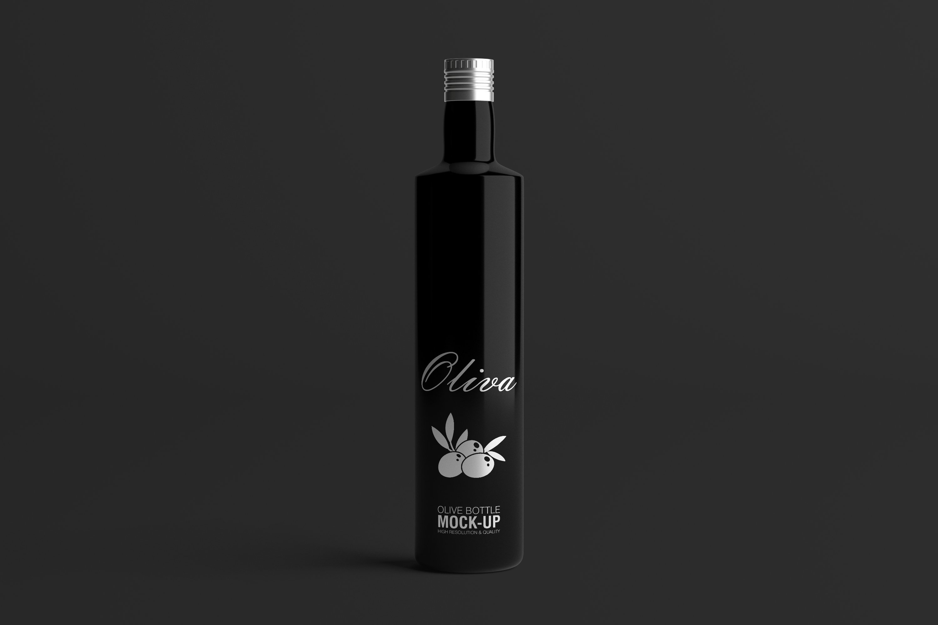 Black big glance bottle with silver olive logo.