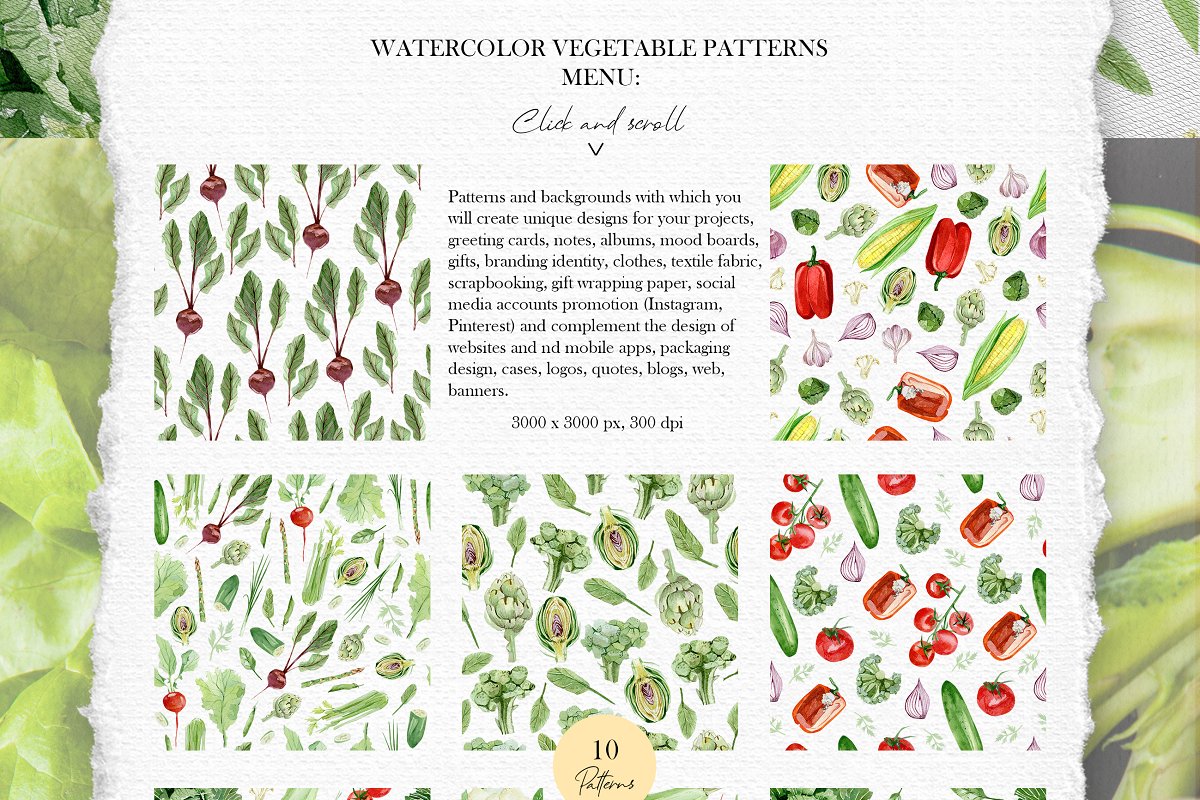 Watercolor vegetable patterns menu.