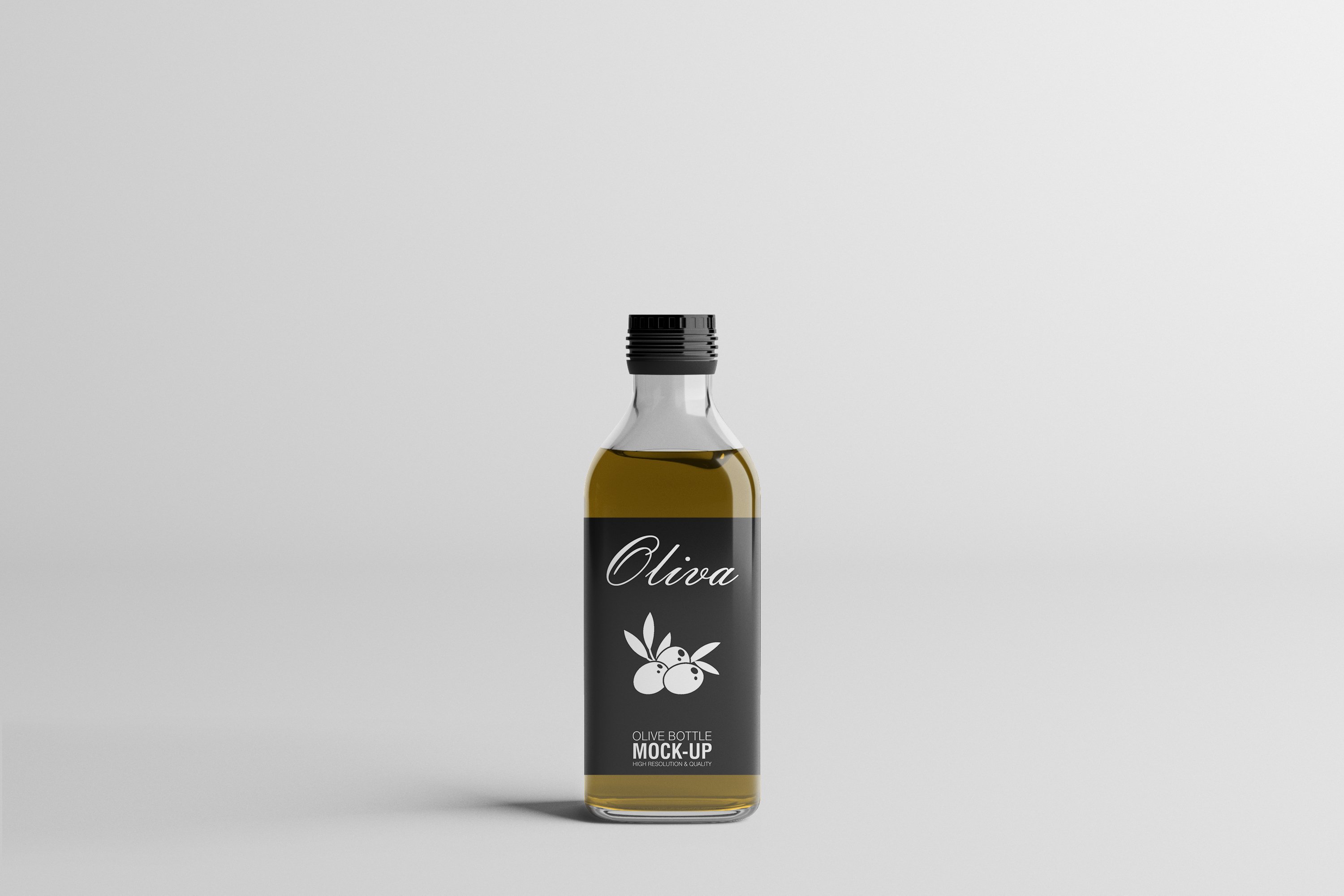 Classic bottle with black label with silver olive logo.