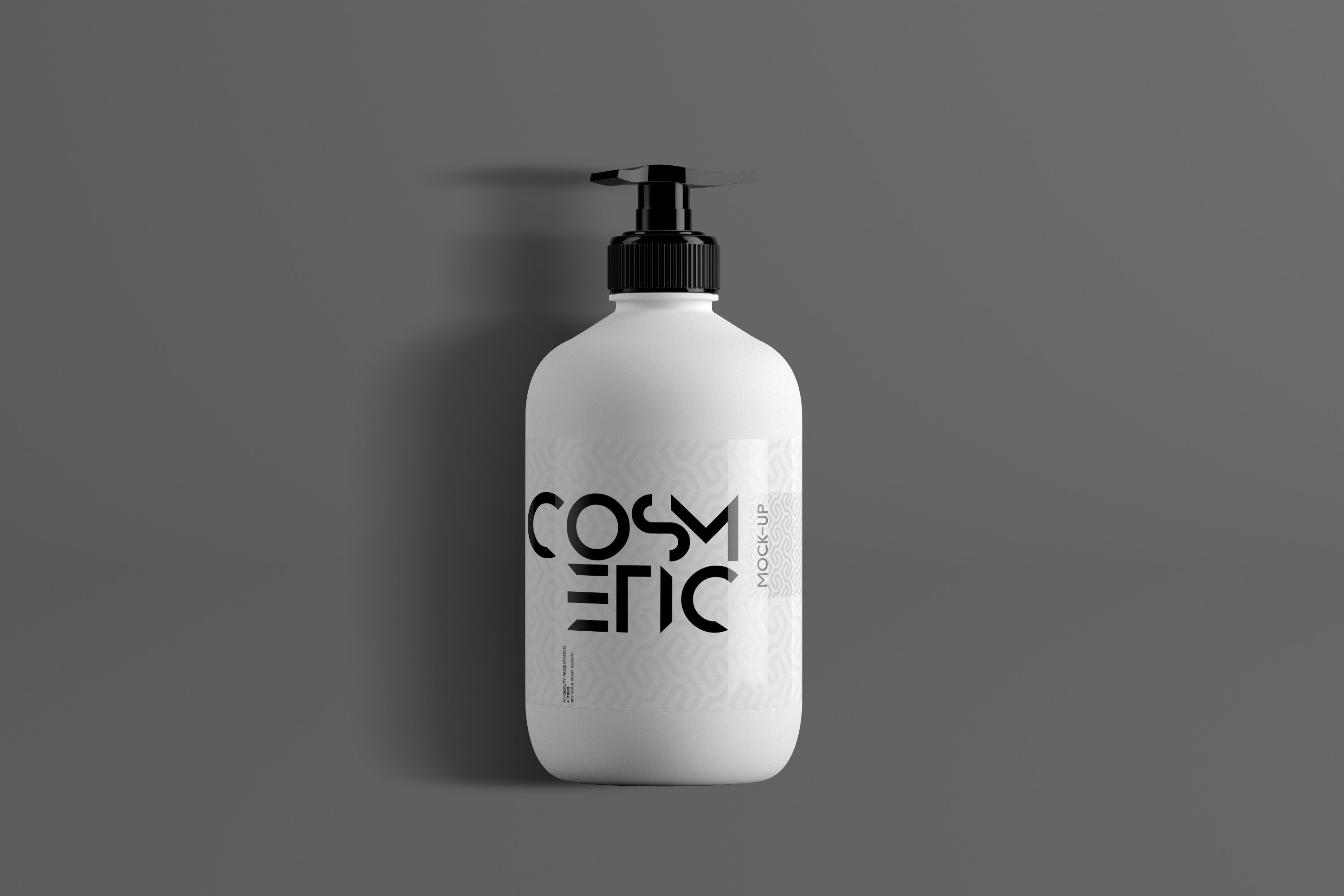 Stylish white cosmetic bottle with black font.