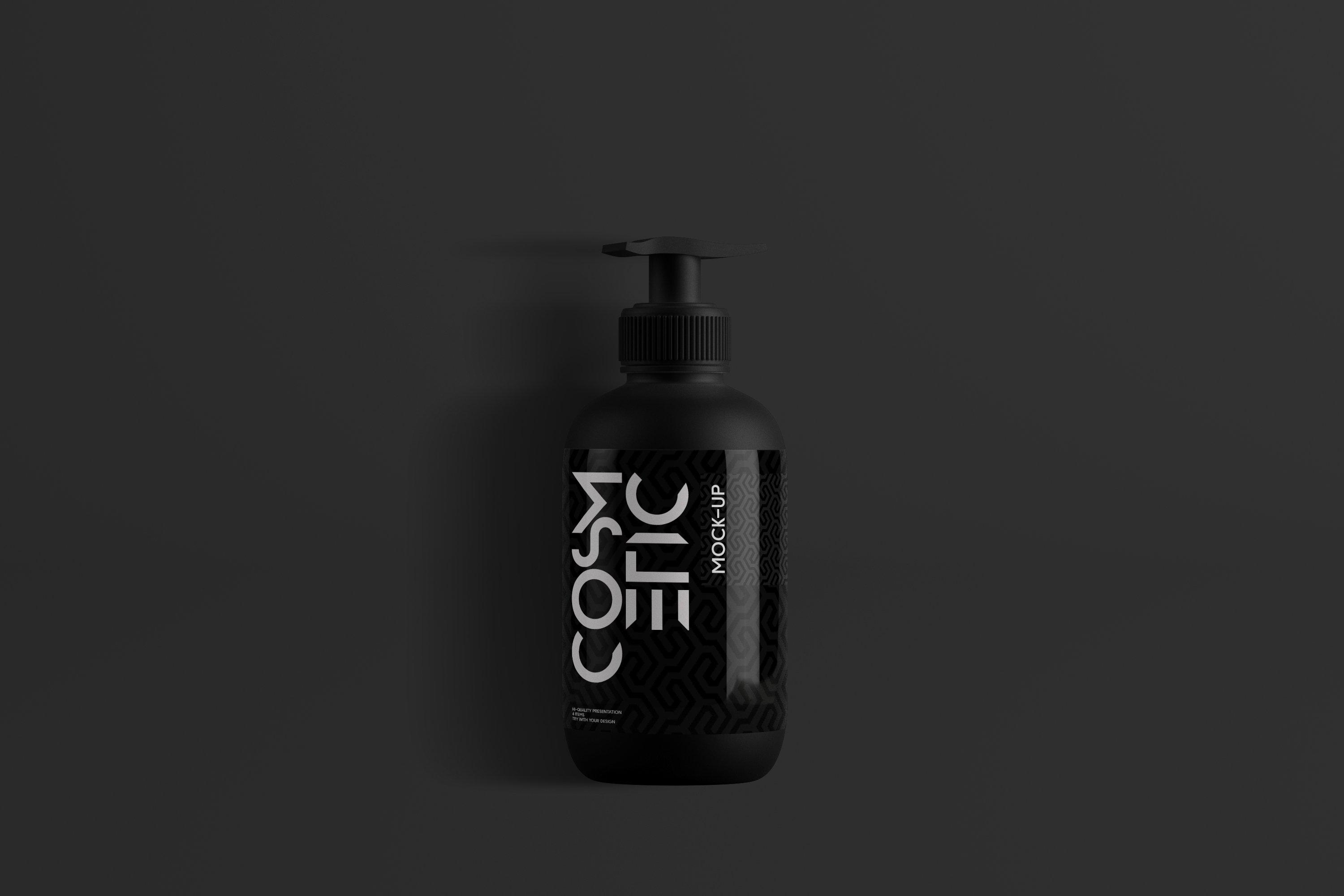 Black glance cosmetic bottle with matte black label.