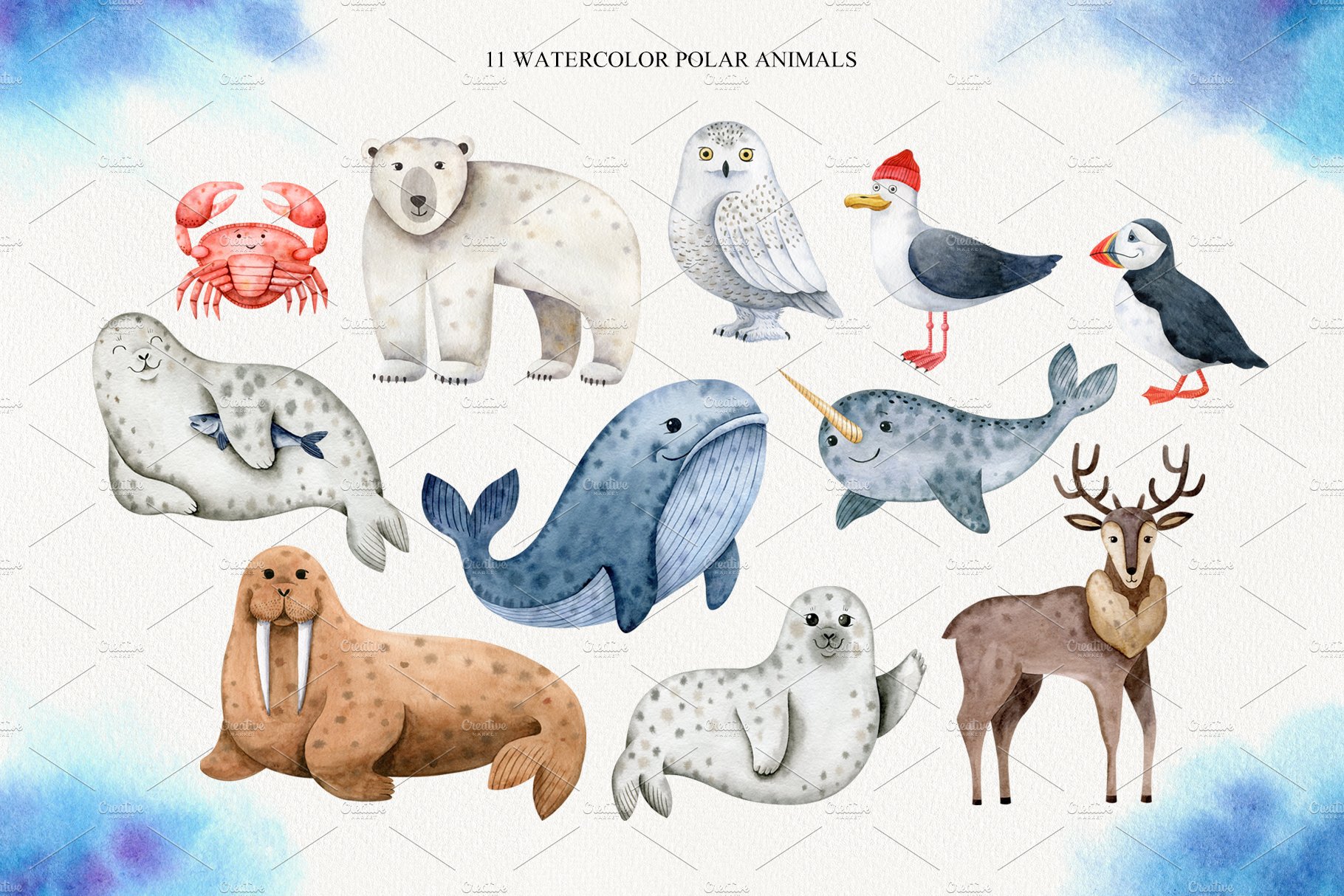So cute Northern watercolor animals.