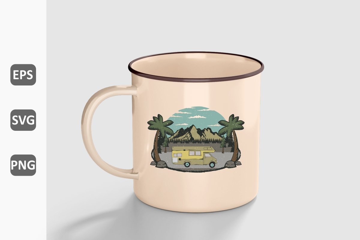 Beige metal mug with camping illustration.