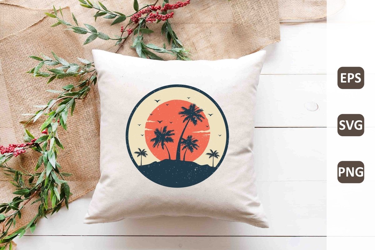 Cool decorate pillow with sunset and palms.