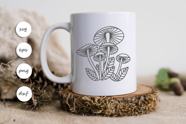 Big white cup with hand drawn mushrooms.