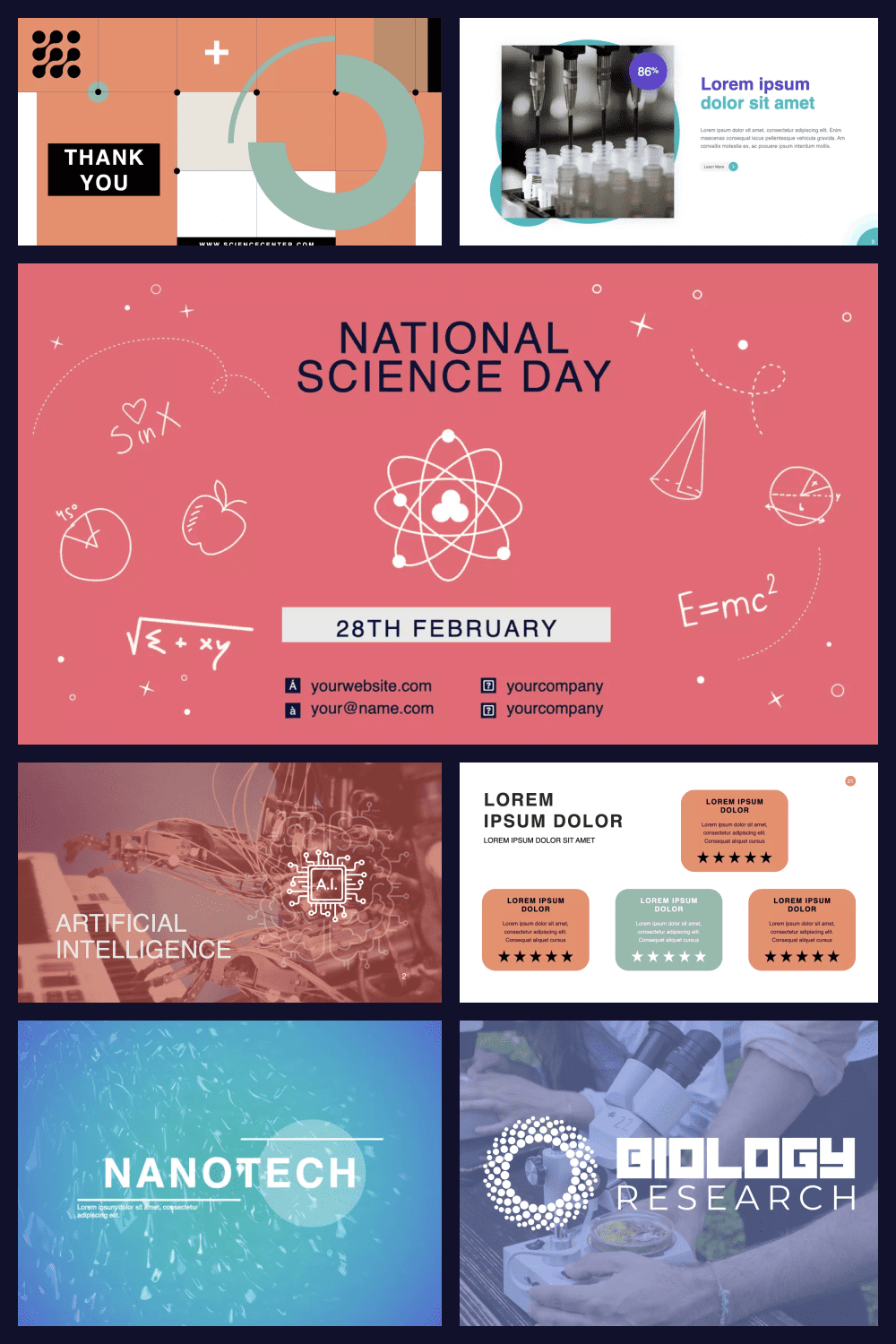 Collage of slides with colored backgrounds and icons on the theme of science.